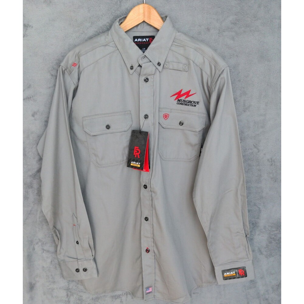 NWT Ariat Work FR Button Up Shirt Size Large Gray Long Sleeve CAT2 Logo
